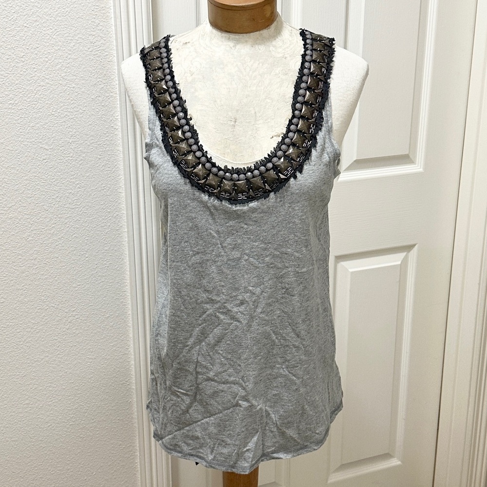 Tory Burch Gray Sleeveless Tank Top with Black Lace and Jewel Embellishments - L